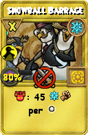 Wizard101 Ice spell card: Snowball Barrage, Spell ID 623