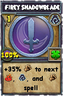 Wizard101 Shadow spell card: Firey Shadowblade, Spell ID 1207