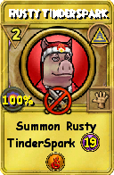 Wizard101 Myth spell card: Rusty TinderSpark, Spell ID 1707