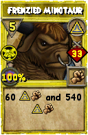 Wizard101 Myth spell card: Frenzied Minotaur, Spell ID 1173