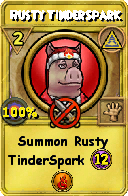 Wizard101 Myth spell card: Rusty TinderSpark, Spell ID 2168