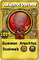 Wizard101 Myth spell card: Arachtus Duskweb, Spell ID 2589