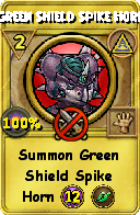 Wizard101 Myth spell card: Green Shield Spike Horn, Spell ID 2909