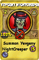 Wizard101 Myth spell card: Yevgeny NightCreeper, Spell ID 4492