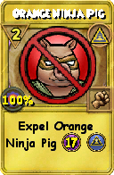 Wizard101 Myth spell card: Orange Ninja Pig, Spell ID 5858
