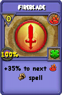 Wizard101 Fire spell card: Fireblade, Spell ID 5100