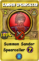 Wizard101 Myth spell card: Sandor Spearcaller, Spell ID 6409
