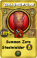 Wizard101 Myth spell card: Zora Steelwielder, Spell ID 6430