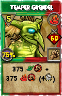 Wizard101 Fire spell card: Temper Grendel, Spell ID 6482