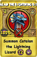 Wizard101 Myth spell card: Catalan the Lightning Lizard, Spell ID 7155