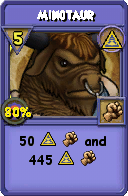 Wizard101 Myth spell card: Minotaur, Spell ID 7302