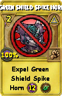 Wizard101 Myth spell card: Green Shield Spike Horn, Spell ID 7343