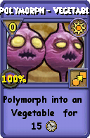 Wizard101 Sun spell card: Polymorph - Vegetable, Spell ID 7799