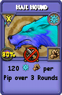 Wizard101 Ice spell card: Hail Hound, Spell ID 8077