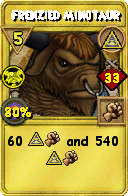 Wizard101 Myth spell card: Frenzied Minotaur, Spell ID 8099