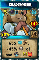Wizard101 Ice spell card: Shadowhorn, Spell ID 8761