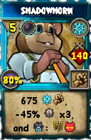 Wizard101 Ice spell card: Shadowhorn, Spell ID 8762