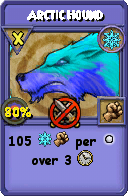Wizard101 Ice spell card: Arctic Hound, Spell ID 8208