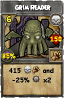 Wizard101 Death spell card: Grim Reader, Spell ID 8842