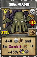 Wizard101 Death spell card: Grim Reader, Spell ID 8843
