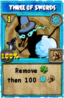 Wizard101 Ice spell card: Three of Swords, Spell ID 9518