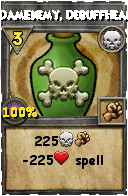Wizard101 Death spell card: DamEnemy, DebuffHeal, Spell ID 10495