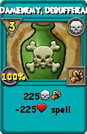 Wizard101 Death spell card: DamEnemy, DebuffHeal, Spell ID 10500