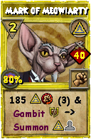 Wizard101 Myth spell card: Mark of Meowiarty, Spell ID 13618