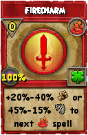 Wizard101 Fire spell card: Firecharm, Spell ID 13833