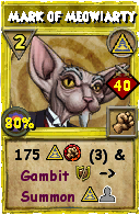 Wizard101 Myth spell card: Mark of Meowiarty, Spell ID 13614