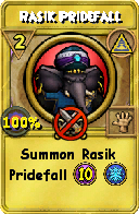 Wizard101 Myth spell card: Rasik Pridefall, Spell ID 14937