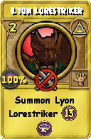 Wizard101 Myth spell card: Lyon Lorestriker, Spell ID 15221